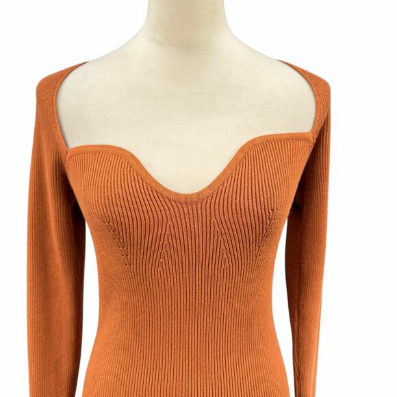 Hyfve Brown Ribbed Knit Sweetheart Neckline Bodycon Long Sleeve Fall Mini Dress - Picture 4 of 12